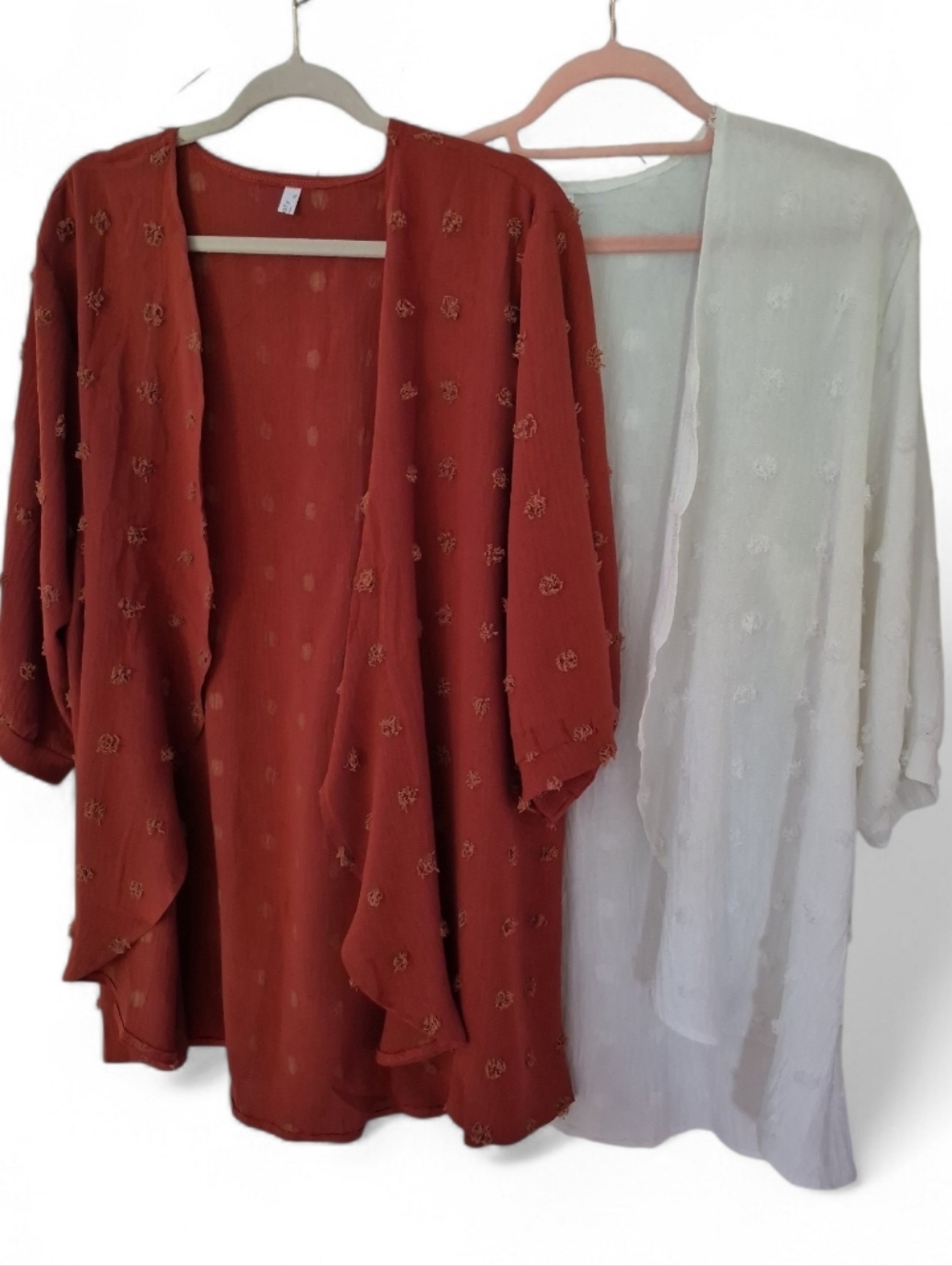 2 Textured Open-Front Lightweight Cardigans - Rust and White